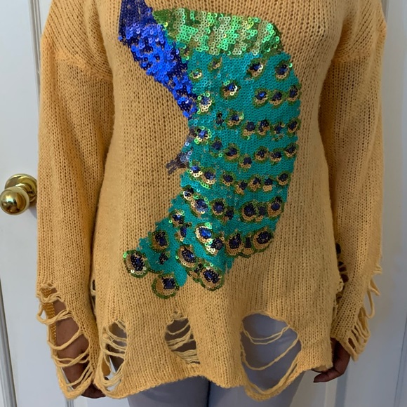 WildFox Sequin Peacock Distressed Sweater - Picture 2 of 2